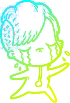 cold gradient line drawing cartoon crying girl wearing space clothes vector
