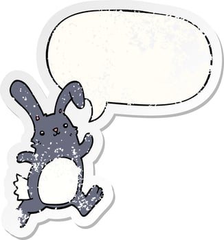 cartoon rabbit running and speech bubble distressed sticker vector