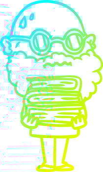 cold gradient line drawing cartoon worried man with beard and stack of books vector