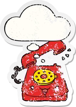 cute cartoon telephone and thought bubble as a distressed worn sticker vector