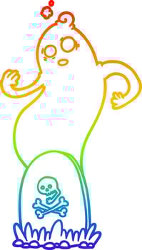 rainbow gradient line drawing spooky cartoon grave with rising ghost vector
