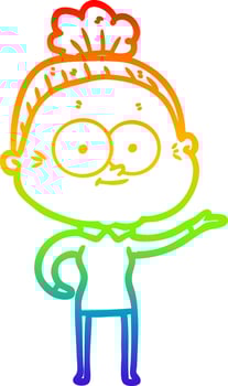 rainbow gradient line drawing cartoon happy old woman vector