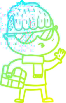 cold gradient line drawing cartoon boy wearing sunglasses carrying xmas gift vector