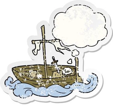 cartoon old boat and thought bubble as a distressed worn sticker vector