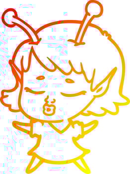 warm gradient line drawing cute alien girl cartoon vector