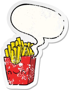 cartoon fries in box and speech bubble distressed sticker vector