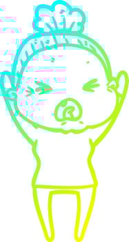 cold gradient line drawing cartoon angry old woman vector