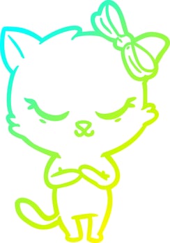 cold gradient line drawing cute cartoon cat with bow vector