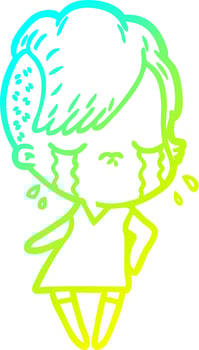 cold gradient line drawing cartoon crying girl vector