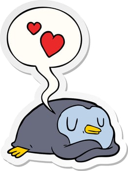 cartoon penguin and love hearts and speech bubble sticker vector