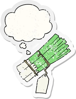 cartoon organic leeks and thought bubble as a distressed worn sticker vector