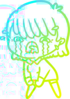 cold gradient line drawing cartoon girl crying vector
