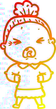 warm gradient line drawing cartoon angry old woman vector