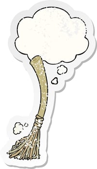 cartoon magic broom and thought bubble as a distressed worn sticker vector