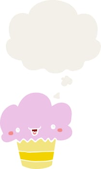 cartoon cupcake with face and thought bubble in retro style vector
