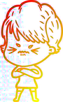 warm gradient line drawing cartoon frustrated woman vector