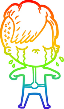 rainbow gradient line drawing cartoon crying girl vector