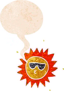 cartoon sun and speech bubble in retro textured style vector