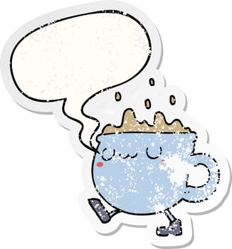 cartoon coffee cup walking and speech bubble distressed sticker vector