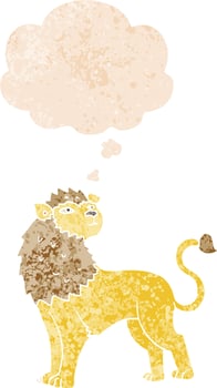 cartoon lion and thought bubble in retro textured style vector