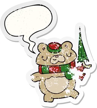 cartoon bear and umbrella and speech bubble distressed sticker vector