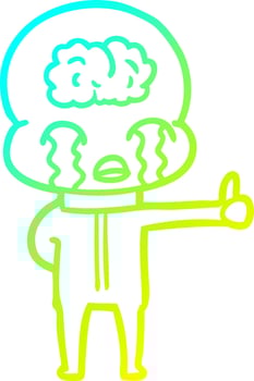 cold gradient line drawing cartoon big brain alien crying but giving thumbs up symbol vector