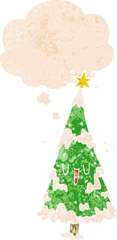cartoon christmas tree and thought bubble in retro textured style vector