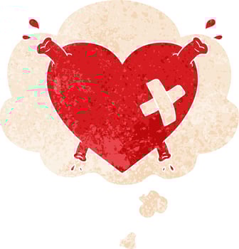 cartoon heart squirting blood and thought bubble in retro textured style vector