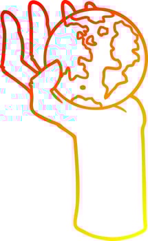 warm gradient line drawing cartoon hand holding whole earth vector