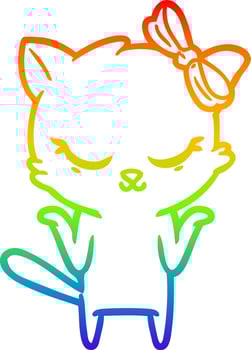 rainbow gradient line drawing cute cartoon cat with bow vector