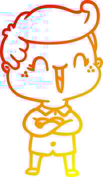 warm gradient line drawing cartoon laughing boy crossing arms vector