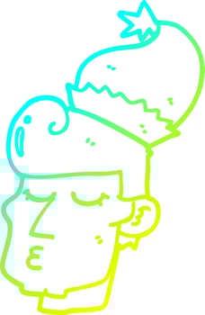 cold gradient line drawing cartoon man wearing christmas hat vector