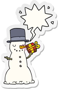 cartoon christmas snowman and speech bubble sticker vector