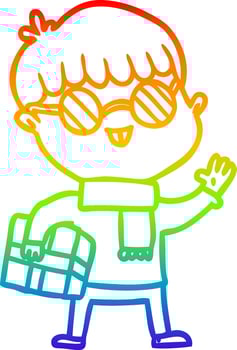rainbow gradient line drawing cartoon boy wearing spectacles vector