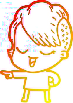 warm gradient line drawing happy cartoon girl pointing vector