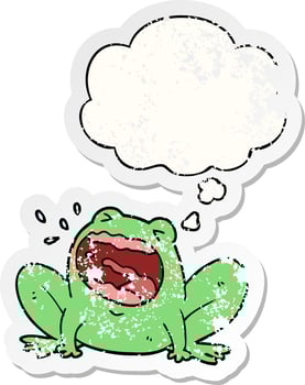 cartoon frog shouting and thought bubble as a distressed worn sticker vector