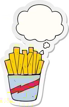 cartoon box of fries and thought bubble as a printed sticker vector