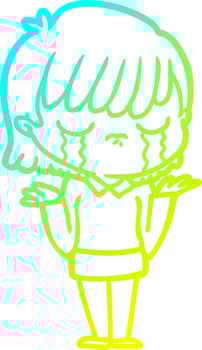 cold gradient line drawing cartoon woman crying vector