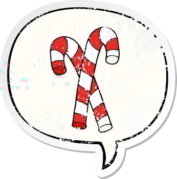 cartoon candy canes and speech bubble distressed sticker vector