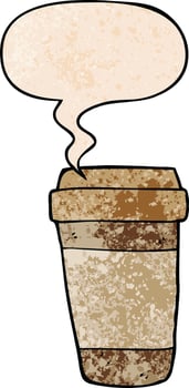cartoon coffee cup and speech bubble in retro texture style vector