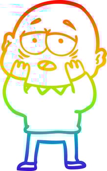rainbow gradient line drawing cartoon tired bald man vector
