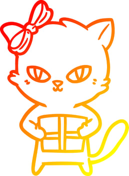 warm gradient line drawing cute cartoon cat with present vector