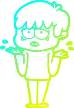 cold gradient line drawing cartoon exhausted boy shrugging shoulders vector