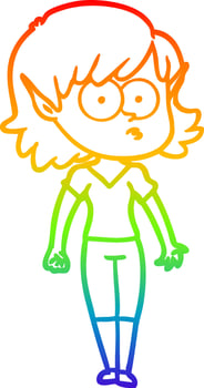 rainbow gradient line drawing cartoon elf girl staring vector
