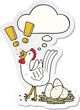 cartoon chicken laying egg and thought bubble as a printed sticker vector