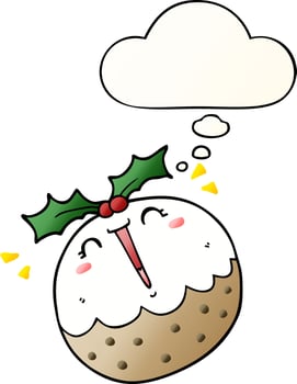 cute cartoon christmas pudding and thought bubble in smooth gradient style vector