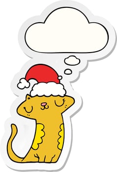 cute cartoon cat wearing christmas hat and thought bubble as a printed sticker vector
