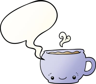 cartoon hot cup of coffee and speech bubble in smooth gradient style vector