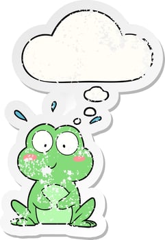 cute cartoon frog and thought bubble as a distressed worn sticker vector