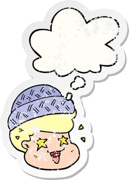 cartoon boy wearing hat and thought bubble as a distressed worn sticker vector